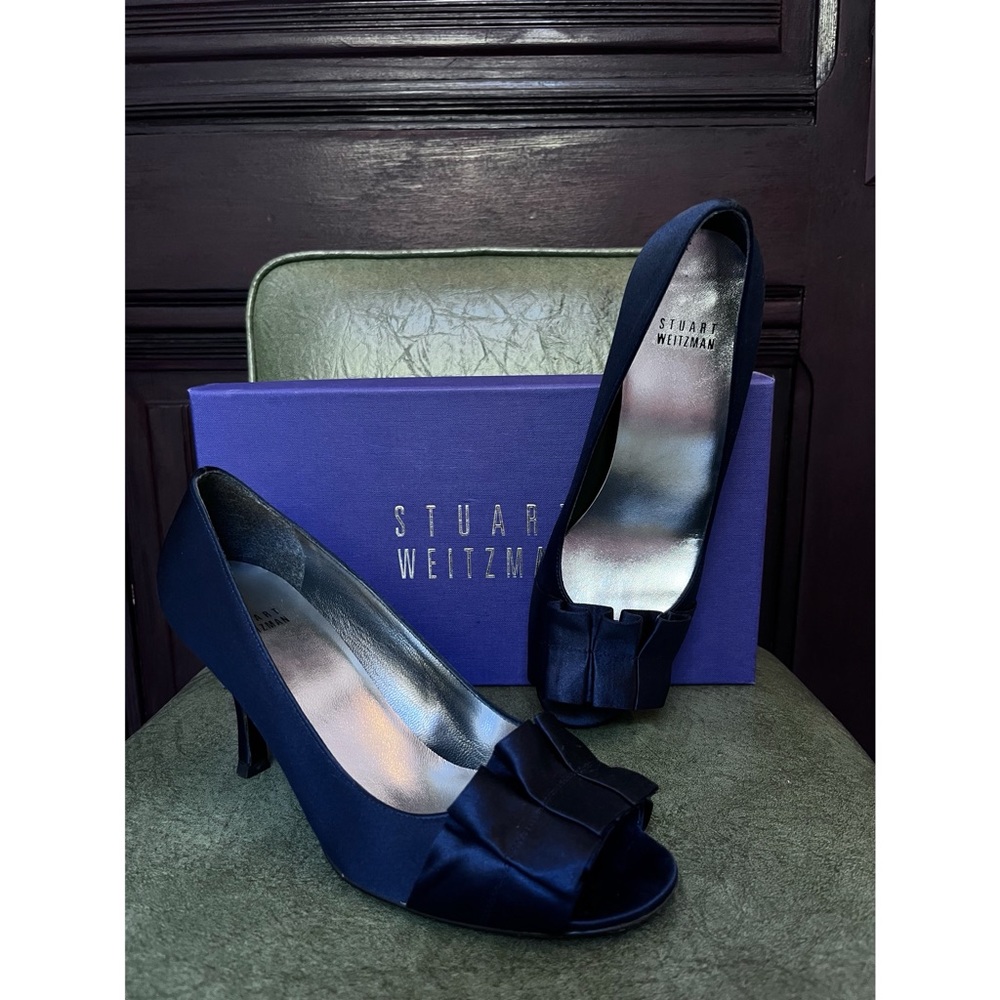 Navy Blue Stuart Weitzman Satin Mid Heel Peep Toe Heels w/ Original Box